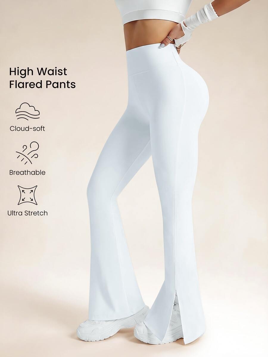 Eassivo Eassivo Women's Solid Color High Waist Split Hem Flare Sports Pants - White - View 1