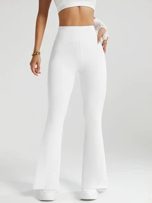 Eassivo Eassivo Women's Solid Color High Waist Split Hem Flare Sports Pants - White - View 8
