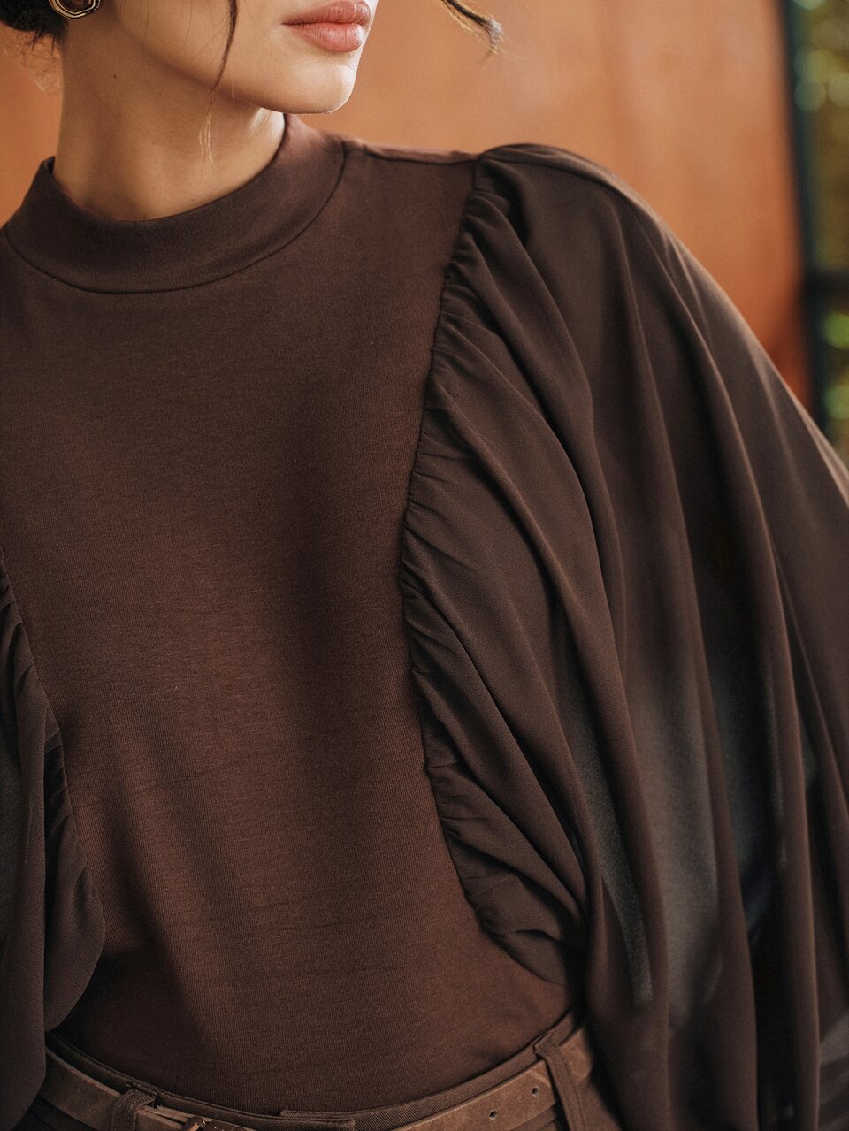 Anewsta Women's New High-End Deep Coffee Color Fashion Elegant Knit & Chiffon Patchwork Batwing Long Sleeve Top