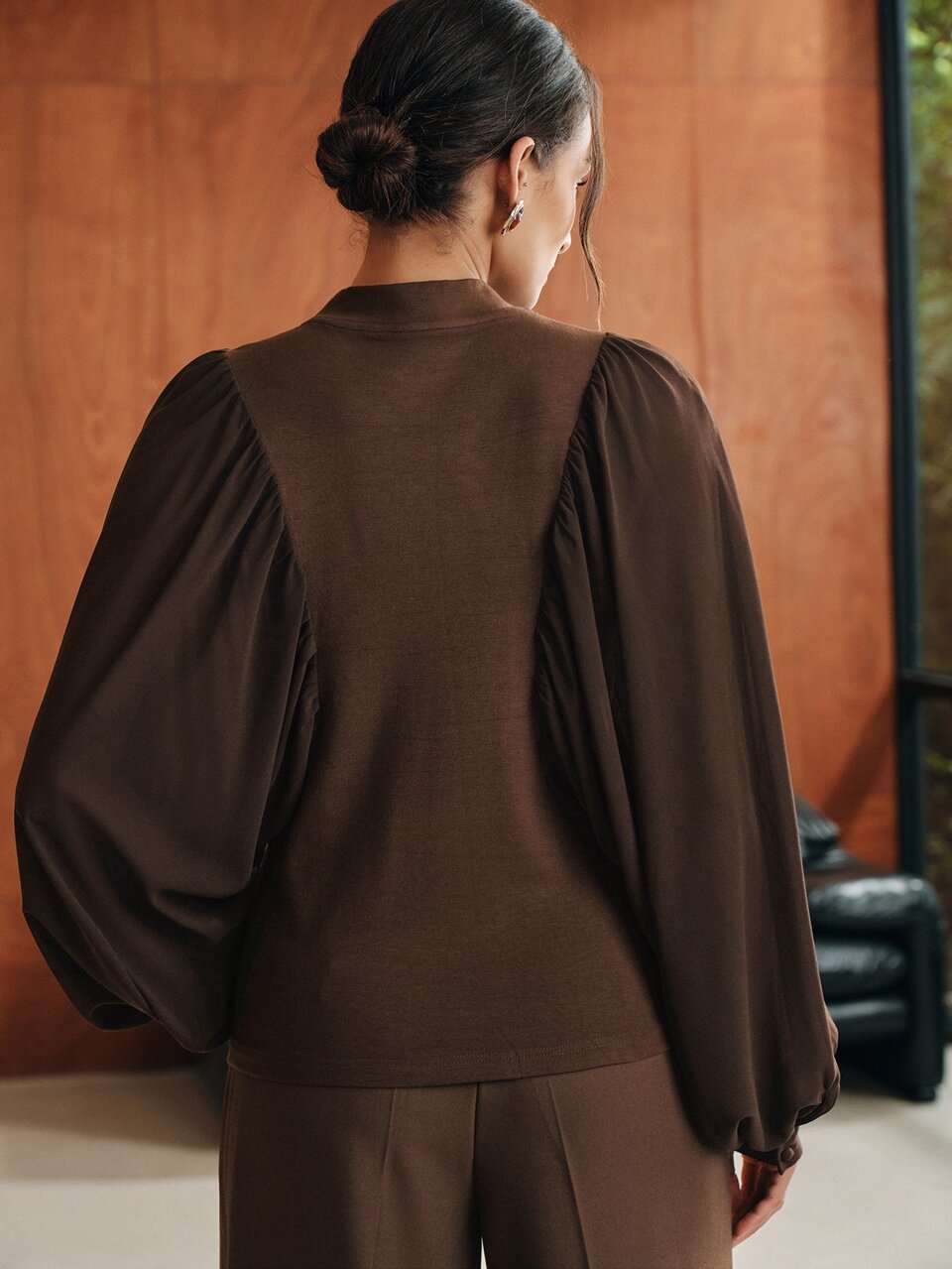 Anewsta Women's New High-End Deep Coffee Color Fashion Elegant Knit & Chiffon Patchwork Batwing Long Sleeve Top