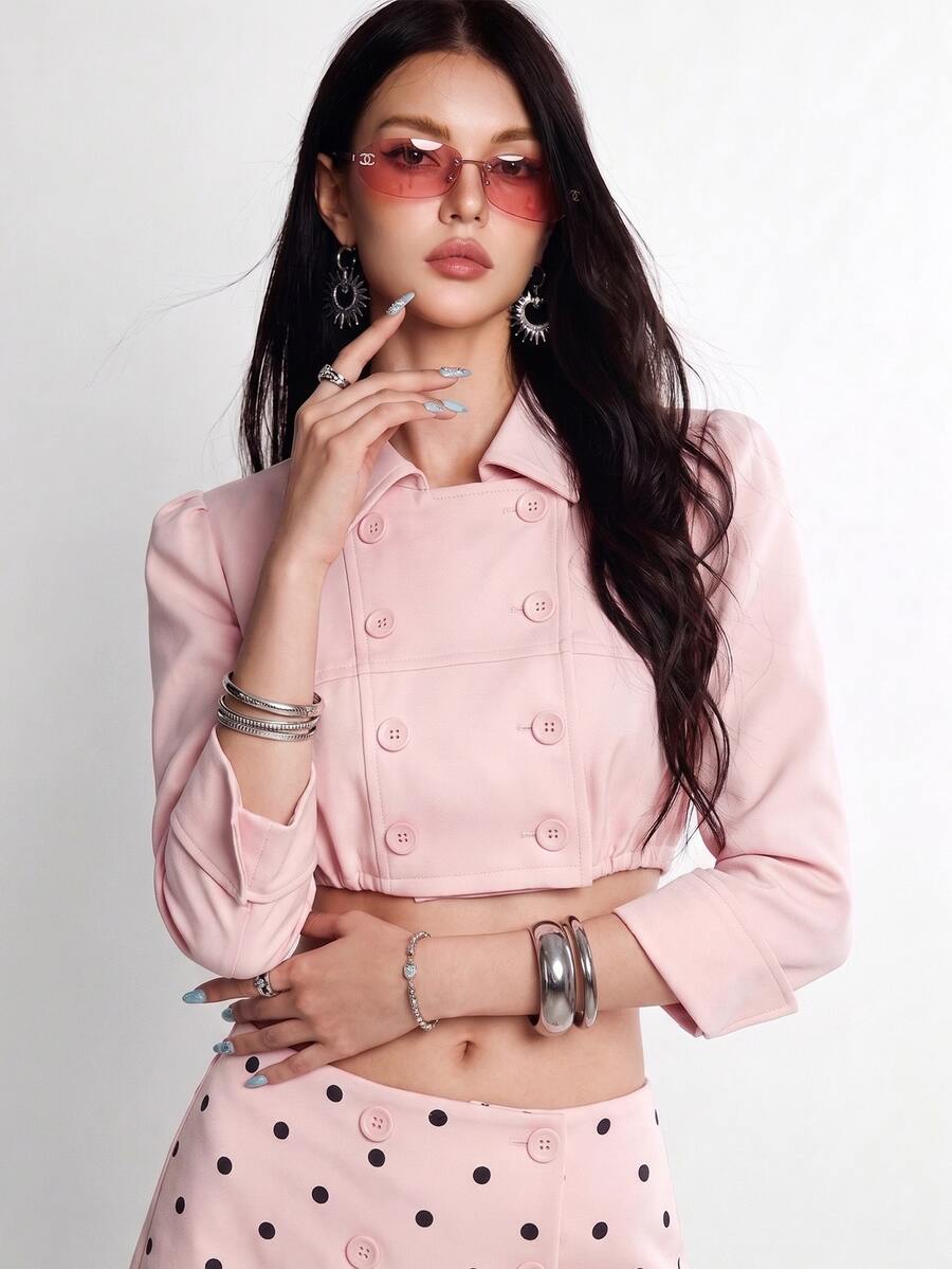 Rina Fox Jaket Ringan Wanita Model Kasual Kancing Ganda Warna Pink - Berwarna merah muda - View 1