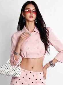 Rina Fox Jaket Ringan Wanita Model Kasual Kancing Ganda Warna Pink - Berwarna merah muda - View 5