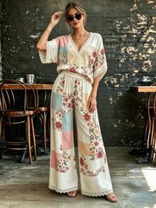 Selamara Floral Print Batwing Sleeve Top & Wide Leg Pants - Multicolor - View 4