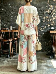 Selamara Floral Print Batwing Sleeve Top & Wide Leg Pants - Multicolor - View 2