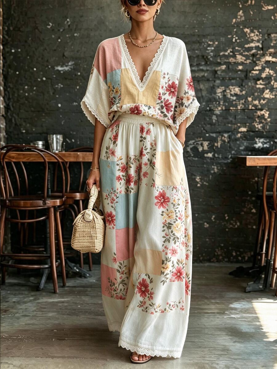 Selamara Floral Print Batwing Sleeve Top & Wide Leg Pants - Multicolor - View 1