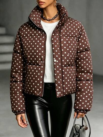 SHEIN Women's New Autumn/Winter Coffee Brown Polka Dot Stand Collar Padded Coat, Vintage Coffee Base With White Polka Dot Print, Slim Fit Design, Thickened Polka Dot Padded Coat For Autumn/Winter, Casual Daily Wear With Retro Leisure Vibe, French Elegant Polka Dot Style