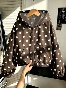 SHEIN Sparklyn 女童復古黑白波點連帽外套，秋季衣物，經典白色底色搭配黑色波點滿版印花，寬鬆舒適 - 咖啡棕 - 查看 1