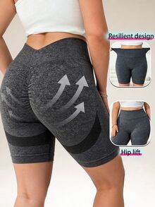 SHEIN Sports Women's Plus Size High Waist Ruched Hip Athletic Shorts - Grey - View 1