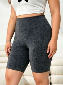 SHEIN Sports Women's Plus Size High Waist Ruched Hip Athletic Shorts - Grey - View 4