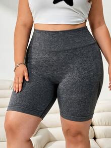 SHEIN Sports Women's Plus Size High Waist Ruched Hip Athletic Shorts - Grey - View 2