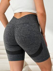SHEIN Sports Women's Plus Size High Waist Ruched Hip Athletic Shorts - Grey - View 3