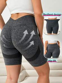 SHEIN Sports Women's Plus Size High Waist Ruched Hip Athletic Shorts - Grey - View 6