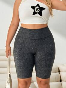 SHEIN Sports Women's Plus Size High Waist Ruched Hip Athletic Shorts - Grey - View 5
