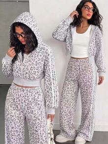 Teen Girls Thermal Fleece Leopard 2pcs Set, Crop Zip Up Hoodie & Wide Leg Sweatpants Autumn Winter - Multicolor - View 3