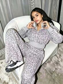 Teen Girls Thermal Fleece Leopard 2pcs Set, Crop Zip Up Hoodie & Wide Leg Sweatpants Autumn Winter - Multicolor - View 4