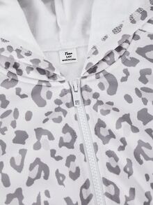 Teen Girls Thermal Fleece Leopard 2pcs Set, Crop Zip Up Hoodie & Wide Leg Sweatpants Autumn Winter - Multicolor - View 7