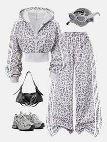 Teen Girls Thermal Fleece Leopard 2pcs Set, Crop Zip Up Hoodie & Wide Leg Sweatpants Autumn Winter - Multicolor - View 6