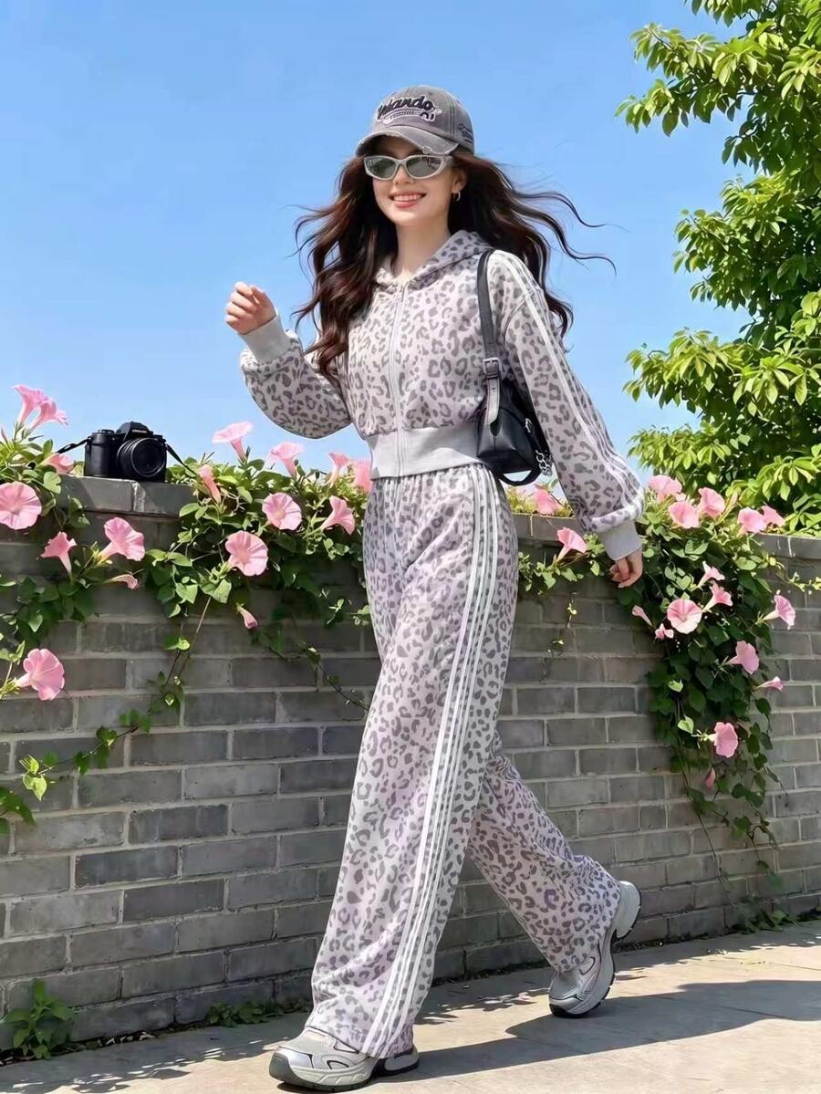 Teen Girls Thermal Fleece Leopard 2pcs Set, Crop Zip Up Hoodie & Wide Leg Sweatpants Autumn Winter - Multicolor - View 1