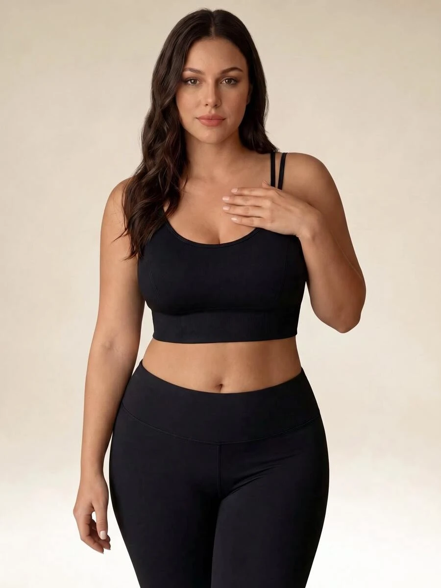 SHEIN Sports Plus Size Back Cross Laces Slim Fit Simple Style Outdoor Sports Underwear - Black - View 1