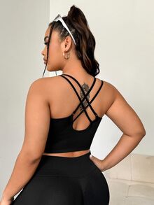 SHEIN Sports Plus Size Back Cross Laces Slim Fit Simple Style Outdoor Sports Underwear - Black - View 2