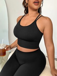 SHEIN Sports Plus Size Back Cross Laces Slim Fit Simple Style Outdoor Sports Underwear - Black - View 4