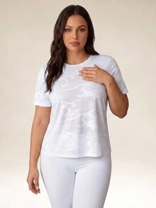 SHEIN Sports 大码女式运动瑜伽户外健身短袖T恤，后背交叉网眼拼接设计 - 白色 - 查看 1