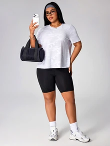 SHEIN Sports 大码女式运动瑜伽户外健身短袖T恤，后背交叉网眼拼接设计 - 白色 - 查看 7