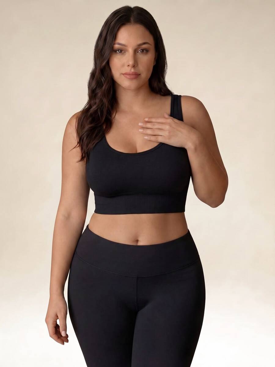 Eassivo Eassivo Sujetador deportivo de verano de unicolor minimalista con espalda cruzada para mujer de talla grande - Negro - Ver 1