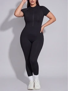 SHEIN Sports 大码女式运动瑜伽连体裤健身户外半拉链立领紧身裤 - 黑色 - 查看 6