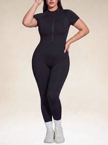 SHEIN Sports 大码女式运动瑜伽连体裤健身户外半拉链立领紧身裤 - 黑色 - 查看 1