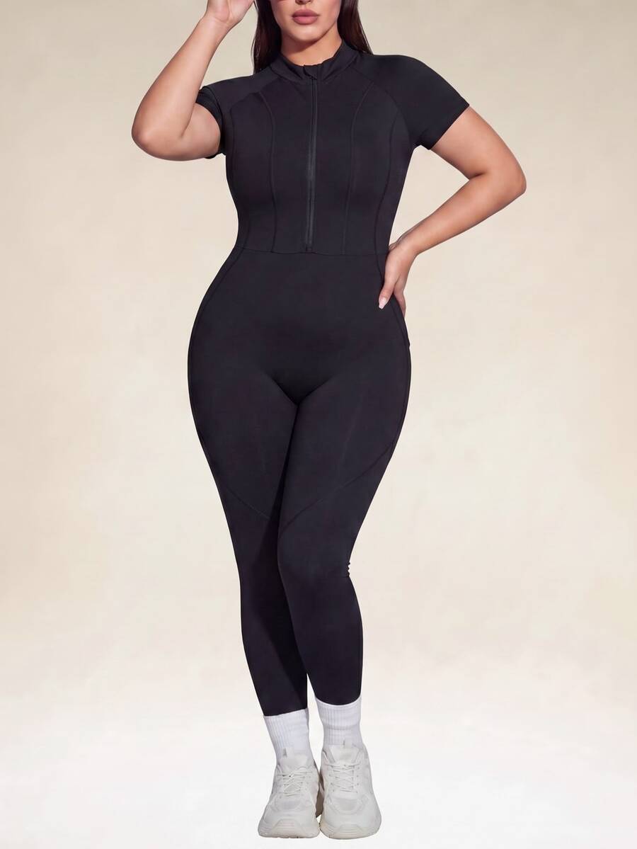 SHEIN Sports 大码女式运动瑜伽连体裤健身户外半拉链立领紧身裤 - 黑色 - 查看 1