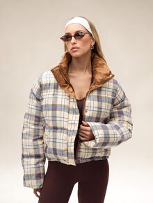 SHEIN Sports معطف طويل الأكمام مبطن مزود بسحاب بنمط المربعات للنساء - كاكي - مشاهدة 1