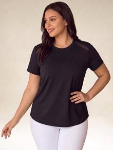 Eassivo Eassivo Plus Size Women Sports Yoga Basic Mesh Patchwork Racerback Short Sleeve T-Shirt Open Back Shirt  Black Tops For Women - Black - View 1