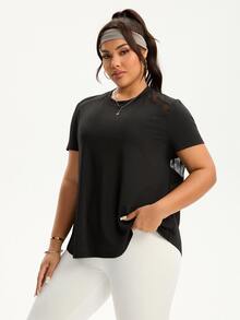 Eassivo Eassivo Plus Size Women Sports Yoga Basic Mesh Patchwork Racerback Short Sleeve T-Shirt Open Back Shirt  Black Tops For Women - Black - View 3
