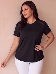 Eassivo Eassivo Plus Size Women Sports Yoga Basic Mesh Patchwork Racerback Short Sleeve T-Shirt Open Back Shirt  Black Tops For Women - Black - View 6
