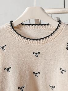 SHEIN 女童秋冬杏色新款時尚百搭可愛刺繡蝴蝶結套頭長袖圓領撞色千鳥格飾邊針織毛衣，柔軟舒適面料，適合外出、聚會、休閒穿著與玩耍 - 杏色 - 查看 4
