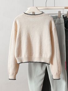SHEIN 女童秋冬杏色新款時尚百搭可愛刺繡蝴蝶結套頭長袖圓領撞色千鳥格飾邊針織毛衣，柔軟舒適面料，適合外出、聚會、休閒穿著與玩耍 - 杏色 - 查看 2