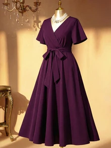Rometta Vestido elegante de talla grande de unicolor con cinturón cruzado a la cintura, apto para el verano - Morado - Ver 2