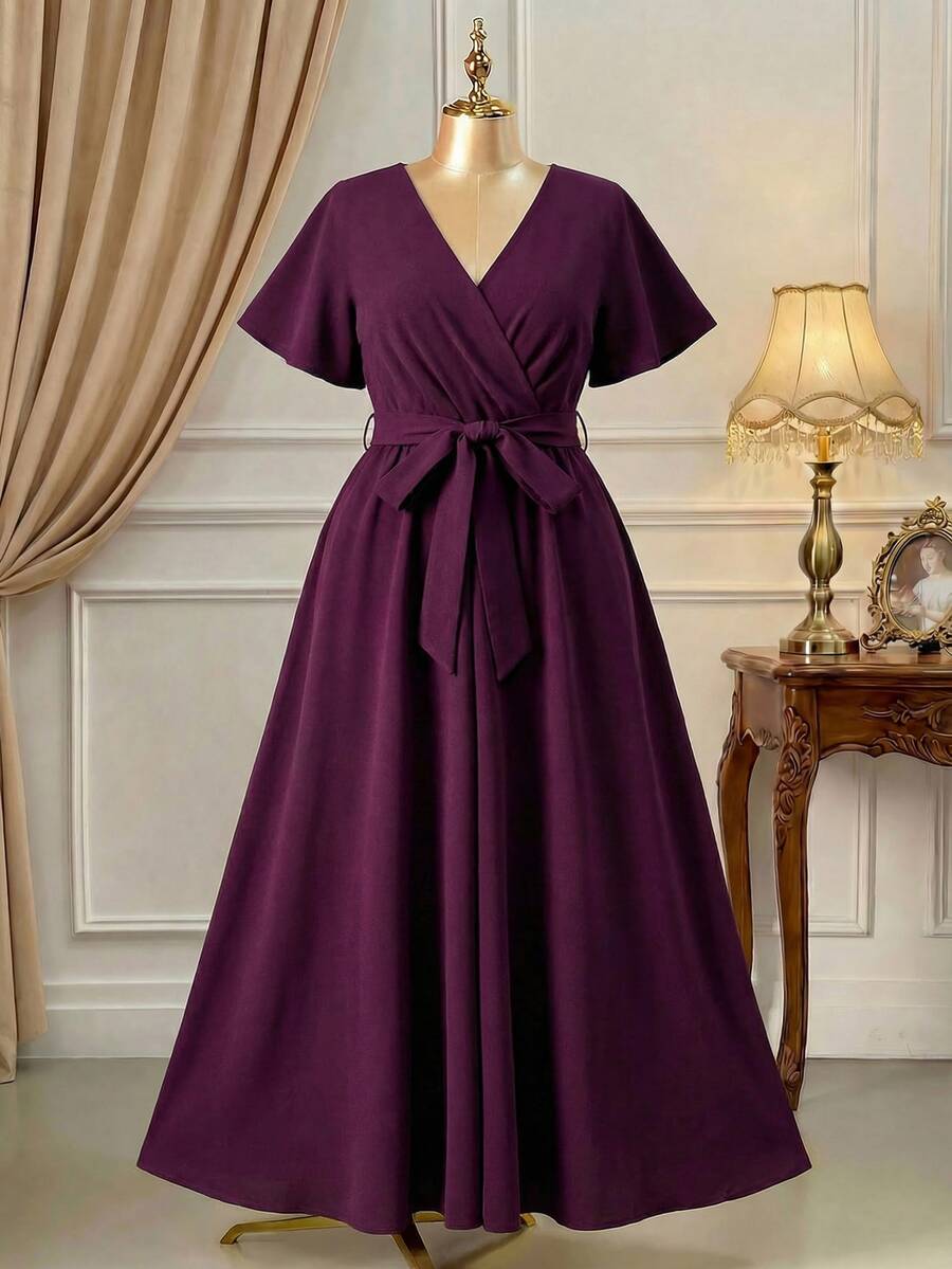 Rometta Vestido elegante de talla grande de unicolor con cinturón cruzado a la cintura, apto para el verano - Morado - Ver 1