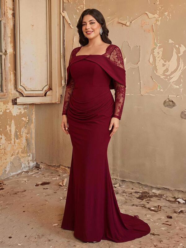 Aureia Plus Size Grey Green Elegant Glossy Mesh Boat Neck Cinched Waist Ruched Mermaid Hem Dress Suitable For Date Single Party Wedding Event Evening Banquet Bridesmaid Dress