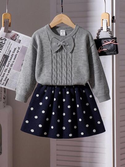 Grey Cable Knit Top With Cute Polka Dot Pleated Skirt Young Girls' Sweater Set