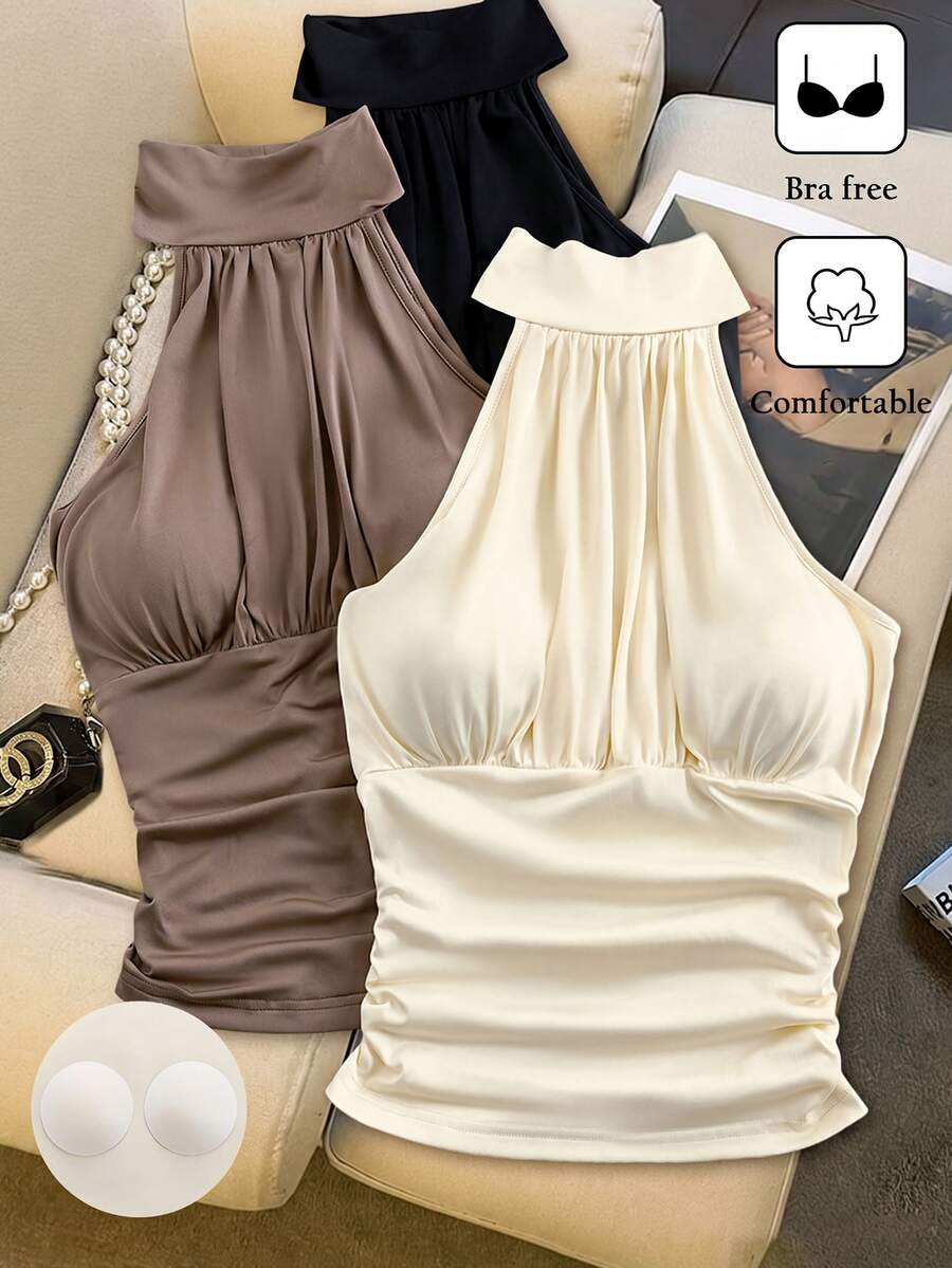 Franclia 女款優雅性感掛脖抓皺短版背心上衣，免內衣舒適面料，夏季夜店外訪休閒上衣，黑色、灰褐色、白色，Y2K風格