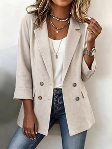 SHEIN 女款優雅度假米色亞麻質感西裝外套，寬鬆雙排扣翻領假日外套，秋季商務辦公休閒夾克 - 杏色 - 查看 5