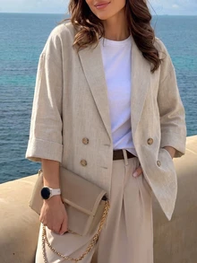 SHEIN 女款優雅度假米色亞麻質感西裝外套，寬鬆雙排扣翻領假日外套，秋季商務辦公休閒夾克 - 杏色 - 查看 8