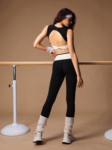 VARSIVA Women's Striped Colorblock Tank Top And Criss-Cross Waist Tight Leggings Sports Set - Black and White - View 8
