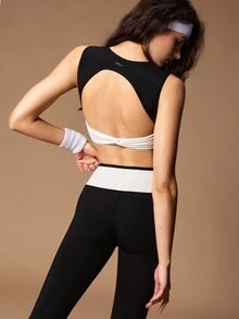 VARSIVA Women's Striped Colorblock Tank Top And Criss-Cross Waist Tight Leggings Sports Set - Black and White - View 4