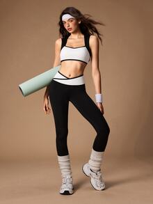 VARSIVA Women's Striped Colorblock Tank Top And Criss-Cross Waist Tight Leggings Sports Set - Black and White - View 5