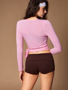 VARSIVA Solid Color Tie-Front Cropped Sports T-Shirt - Pink - View 5