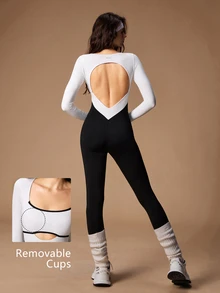 VARSIVA Women's Colorblock Cutout Design Long Sleeve Everyday Fitness Workout Jumpsuit - Black and White - View 11