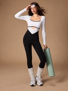 VARSIVA Women's Colorblock Cutout Design Long Sleeve Everyday Fitness Workout Jumpsuit - Black and White - View 9